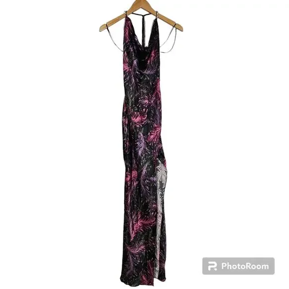 NWT NICHOLAS Melia floral-feather print silk halter-neck maxi gown